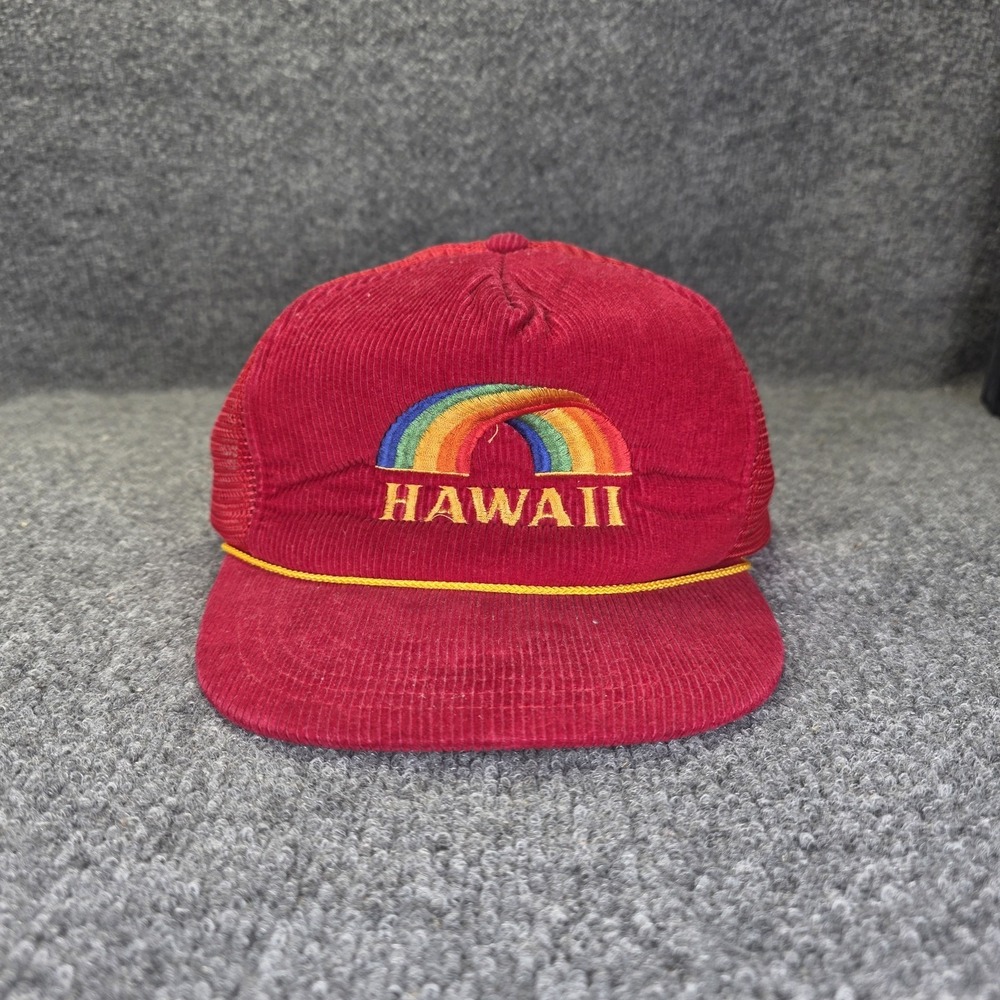 Vintage Hawaii Rainbow Corduroy Mesh Trucker Snapback Hat Red Hawaiian Headwear
